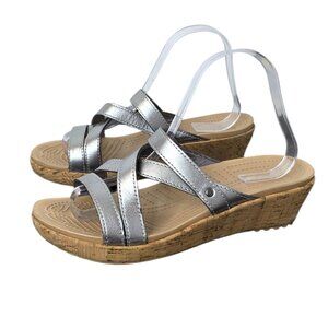 CROCS A-Leigh Wedge Sandals, Silver, Metallic, Slip On, Comfort, Size 8